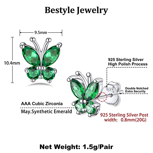 Bestyle Gold Butterfly Earrings for Women, Dainty Cute Birthstone Studs Hypoallergenic Jewelry, Great Birthday Gift - style: 05.May(Emerald)-STUD