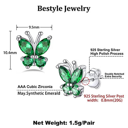 Bestyle Gold Butterfly Earrings for Women, Dainty Cute Birthstone Studs Hypoallergenic Jewelry, Great Birthday Gift - style: 05.May(Emerald)-STUD