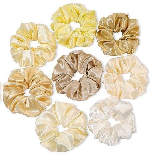 Ivyu Scrunchies for Women's Hair, Satin Hair Ties Bands, 4 Pieces, Big Scrunchies for Thick Curly Hair, Ponytail Holders, Cute Pony Tails, No Crease Hair Ties, No Damage - color: Yellow