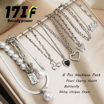 17IF 53 PCS(8 PACK) Silver Plated Jewelry Set for Women，4 Styles | with 6 Necklace 11 Ankle Bracelet 30 Kunckle Ring 6 Pair Earring Hoop Vintage Boho Pearl Birthday Travel Holiday - style: Vintage