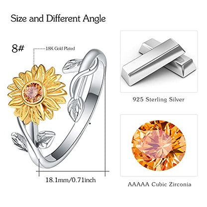 Sunflower Rings for Women, 925 Sterling Silver CZ You are My Sunshine Adjustable Open Band Rings Jewelry Gifts for Girls Size 7-8