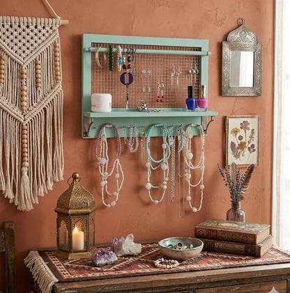 Jewelry Organizer, Wall Mount Jewelry Holder Rack with Hooks Shelf and Removable Rod Hanging Display Earrings Necklaces Bracelets Rings Storage Accessories Wood in Shabby Chic Turquoise - color: Shabby Chic Turquoise