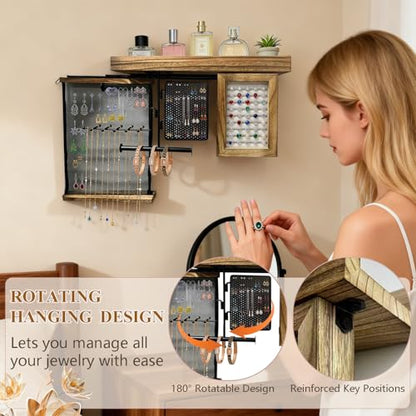 Jewelry Organizers and Storage, Wooden Wall Hanging Jewelry Holder | Retractable reinforced mesh, multi-grid classified storage, wooden top shelf, modern farmhouse boho decor for bedroom vanity