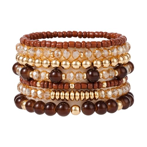 Boho Beaded Stretch Bracelets For Women Stackable Crystal Gold Plated Beaded Bracelets Set Trendy Handmade Friendship Braeclet Jewelry Gifts - color: A-Brown Set