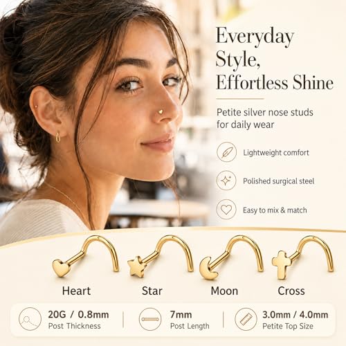 20G Nose Rings for Women, L Shaped Nostril Piercing Studs | 316L Stainless Steel, 0.8 mm×7 mm, 2 mm CZ or 3-4 mm Heart, Star, Moon and Cross, Gold-Tone or Silver-tone, Daily Wear - style: Gold Style A