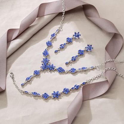 EVER FAITH Crystal Flower Wedding Prom Jewelry Set for Bride Bridesmaid | Rhinestone Costume Party Y-Shaped Necklace Dangle Earrings Bracelet, for Women - color: Blue Silver-Tone