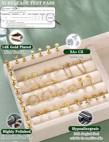 Hypoallergenic Flat Back Earrings Cartilage Earring Stacks for Sensitive Ears - Toe Rings for Women 14K Gold Filled Simple Hug CZ Triple Open Band Rings