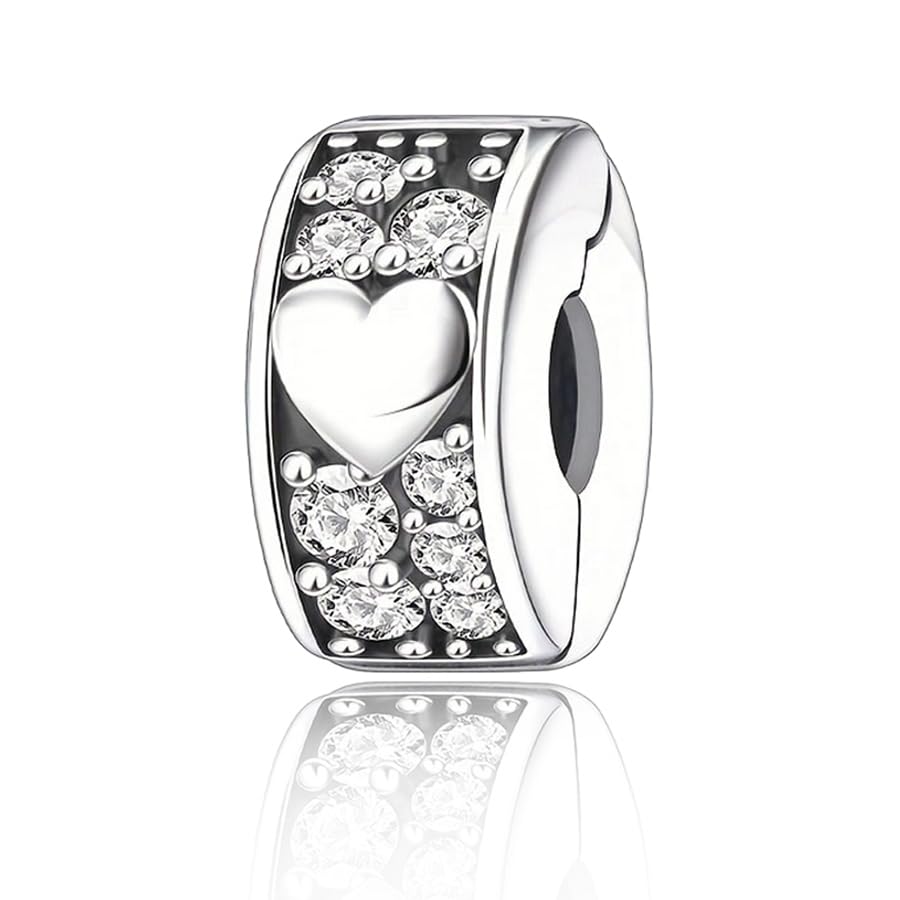 925 Sterling Silver Openable Clip Spacer Bead Fits Pandora Bracelet | Hypoallergenic Clip Stopper Charm, Star Clover Butterfly Floral Mom Heart Paved Zircon Gift for DIY Charm Bracelet Jewelry - color: Heart