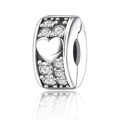 925 Sterling Silver Openable Clip Spacer Bead Fits Pandora Bracelet | Hypoallergenic Clip Stopper Charm, Star Clover Butterfly Floral Mom Heart Paved Zircon Gift for DIY Charm Bracelet Jewelry - color: Heart