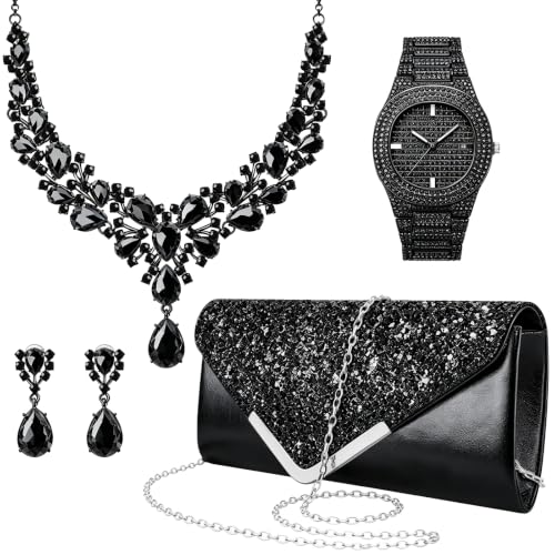 NEWITIN 5 Pieces Purse Rhinestone Jewelry Set for Women Prom Jewels Crystal Clutch Purse Watch Necklace Earrings Silver Jewelry Set for Women Bride - color: Black