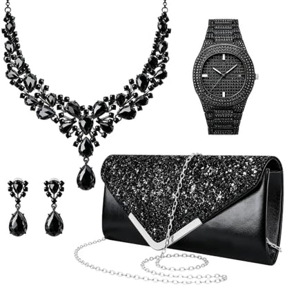 NEWITIN 5 Pieces Purse Rhinestone Jewelry Set for Women Prom Jewels Crystal Clutch Purse Watch Necklace Earrings Silver Jewelry Set for Women Bride - color: Black