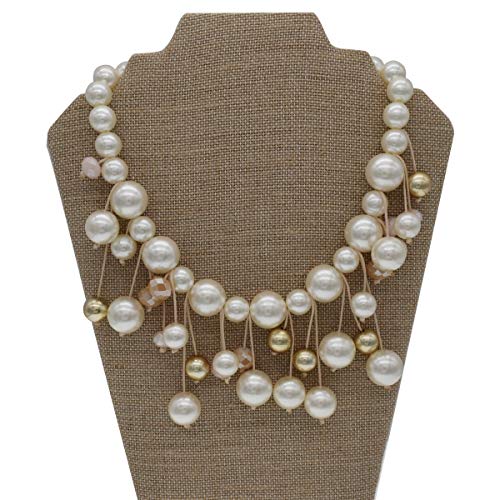 utop JNF Hand made Pearl Statement Necklace for Women Rhinestone Multilayer Crystal Necklaces Chunky Pearl Necklace Large Pearl Necklace and Earrings Set for Mother Mom's gift - color: white pearl bib necklace