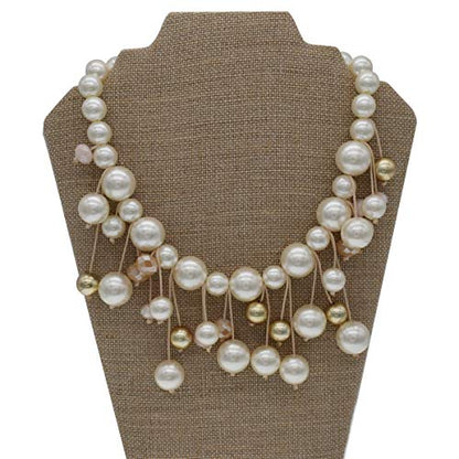 utop JNF Hand made Pearl Statement Necklace for Women Rhinestone Multilayer Crystal Necklaces Chunky Pearl Necklace Large Pearl Necklace and Earrings Set for Mother Mom's gift - color: white pearl bib necklace