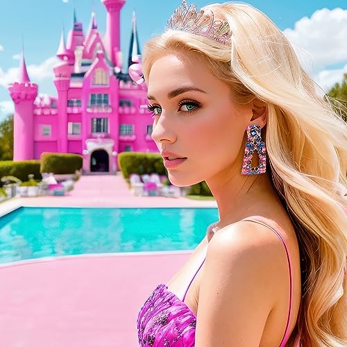 Flyonce Rectangle Clip-on Drop Earrings for Women, Sparkly Rhinestone Crystal Geometric Statement Non Pierced Earring Wedding Prom Party Jewelry for Brides Bridesmaid - color: Blue w/ Fuchsia