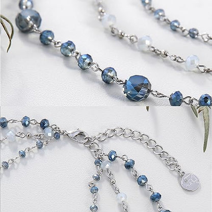 Firstmeet Long Chain Multi Layer Fashion Glass Beads Handmade Necklace for Women - color: Blue+SL