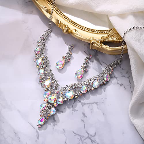 Wedding Bridal Necklace Earrings Jewelry Set for Women | Gorgeous Austrian Crystal Teardrop Flower Cluster for Bridal Bride Bridesmaid - color: 2Pcs-Iridescent AB Silver-Tone