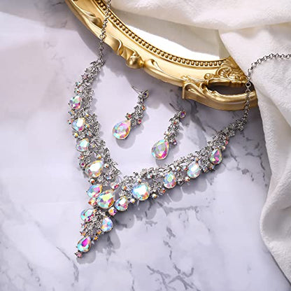 Wedding Bridal Necklace Earrings Jewelry Set for Women | Gorgeous Austrian Crystal Teardrop Flower Cluster for Bridal Bride Bridesmaid - color: 2Pcs-Iridescent AB Silver-Tone