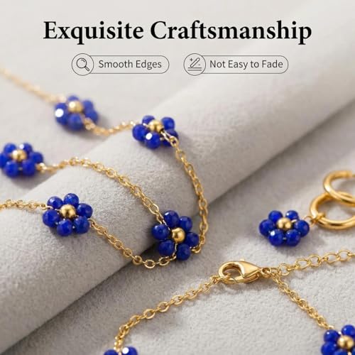 Daisy Pearl Jewelry Set for Women, 14K Gold Plated Stainless Steel Necklace Bracelet Earring 3 Piece Set, Dainty Pearl Choker Flower Necklace Birthday Gift for Her - color: Dark Blue