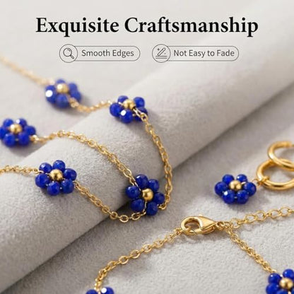 Daisy Pearl Jewelry Set for Women, 14K Gold Plated Stainless Steel Necklace Bracelet Earring 3 Piece Set, Dainty Pearl Choker Flower Necklace Birthday Gift for Her - color: Dark Blue