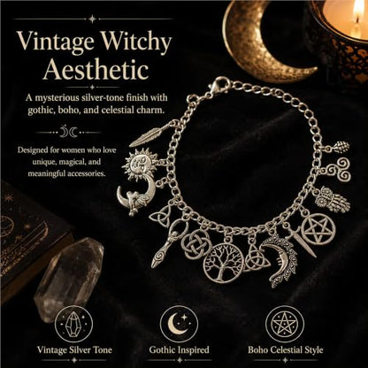 Vintage Witchy Charm Bracelet,Gothic Boho Jewelry for Women with 7 pendant, Adjustable Lobster Clasp,Meaningful Gift for Witchy, Boho Style Lovers