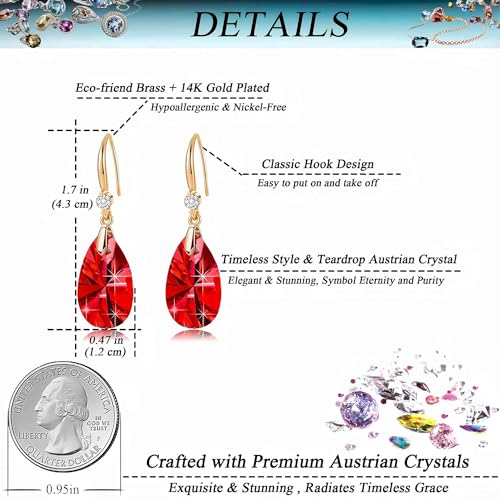Austrian Crystal Teardrop Dangle Drop Earrings for Women 14K Gold Plated Hook Earring Hypoallergenic Jewelry Gifts for Women Girls - color: Red