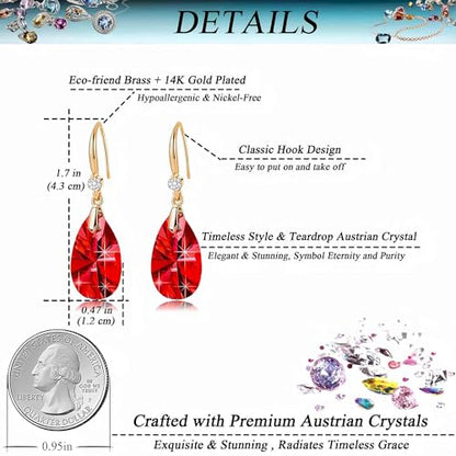 Austrian Crystal Teardrop Dangle Drop Earrings for Women 14K Gold Plated Hook Earring Hypoallergenic Jewelry Gifts for Women Girls - color: Red