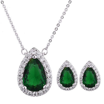 Women's Wedding Jewelry Set for Bride Teardrop CZ Necklace Earrings Set | Sterling Silver Pear Shape Necklace and Studs Crystal Rhinestone Costume Jewelry for Party Prom Bridesmaids - color: Emerald