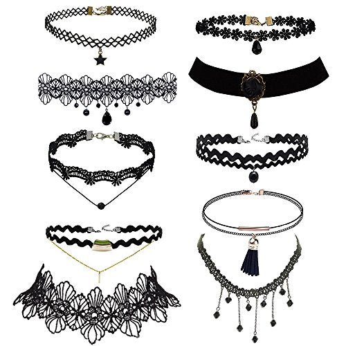 10 Pieces Lace Choker Necklace for Women Girls, Black Classic Velvet Stretch Punk Gothic Tattoo Lace
