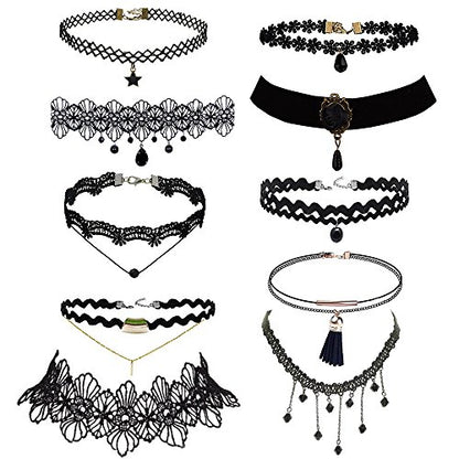 10 Pieces Lace Choker Necklace for Women Girls, Black Classic Velvet Stretch Punk Gothic Tattoo Lace