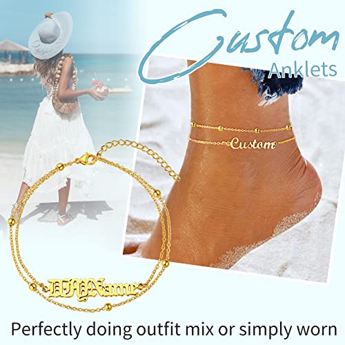 ChainsHouse Double Layer Anklet Bracelet for Women,Adjustable Chain Anklets Stackable Dainty Anklets,Stainless Steel/Gold Plated/Black Ankle Jewelry Gifts - color: B-Gold Plated-Bead Chain