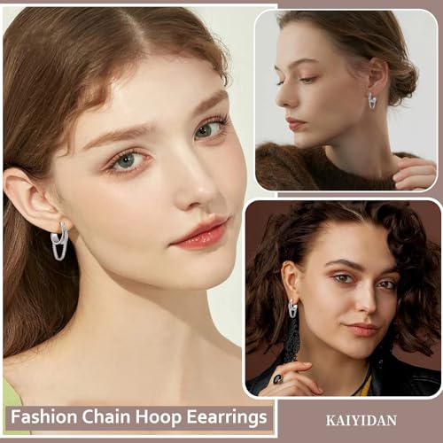 2 Pairs Gold/Silver Hoop Earrings For Women Set Trendy,14K Plated Gold Chunky Huggie Hoop Earings Pack,Oval Twisted Statement Silver Hoops,Fashion Jewelry Gift - color: 22) Silver chain hoops