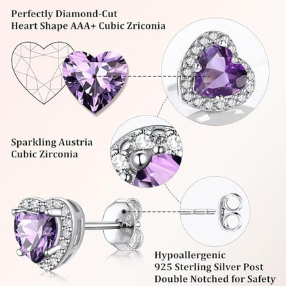 Bestyle Sparkling 925 Sterling Silver Birthstone Stud Earrings for Women, Heart/Round/Teardrop/Square Solitaire Diamond Studs Earrings, Great Birthday/Christmas Gifts - style: 02. Purple Amethyst-Feb.-heart