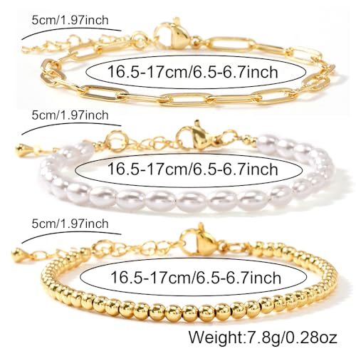 14K Gold Plated Beaded 3Pcs Stack Bracelets for Women, Dainty Trendy Freshwater Stackable Pearl Paperclip Cross Chain Gold Balls Stretch Accessories Jewelry Vacation Gift - color: paperclip