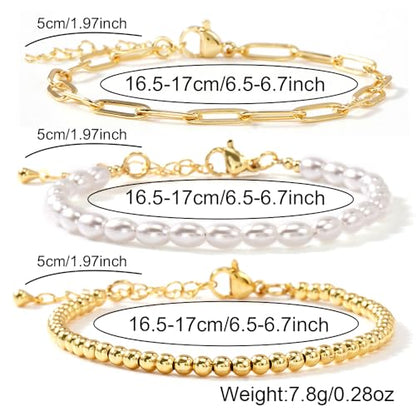 14K Gold Plated Beaded 3Pcs Stack Bracelets for Women, Dainty Trendy Freshwater Stackable Pearl Paperclip Cross Chain Gold Balls Stretch Accessories Jewelry Vacation Gift - color: paperclip