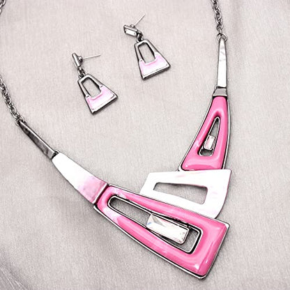 SFE Irregular Enamel Triangle Shape shell Collar Bib Bohemian Boho Statement Necklace Earrings Fashion Costume Jewelry Set for Women - color: Pink-Gun Plated