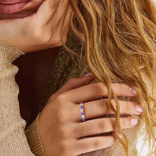 3.5mm Stackable Rings S925 Sterling Silver Created Birthstone & Cubic Zirconia Ring for Women Wedding Bands Anniversary Birthday Jewelry Size 6 to 10(with Box) - color: 02-Created Amethyst & CZ-Feb