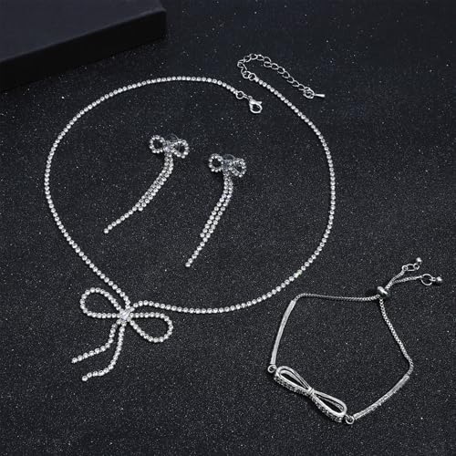 NEWITIN 4 Pieces Crystal Jewelry Set for Women Wedding Costume Accessories | Hypoallergenic, Cubic Zirconia, Necklace Earrings Bracelet, Tennis, Silver Jewelry for Wedding Bride Bridesmaid Party Prom - color: Silver Bow