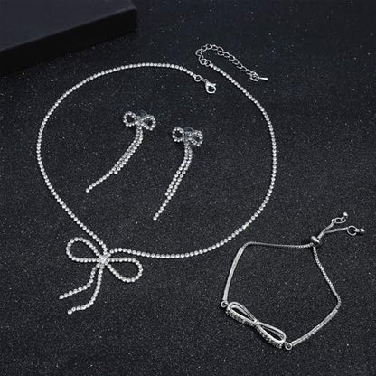 NEWITIN 4 Pieces Crystal Jewelry Set for Women Wedding Costume Accessories | Hypoallergenic, Cubic Zirconia, Necklace Earrings Bracelet, Tennis, Silver Jewelry for Wedding Bride Bridesmaid Party Prom - color: Silver Bow