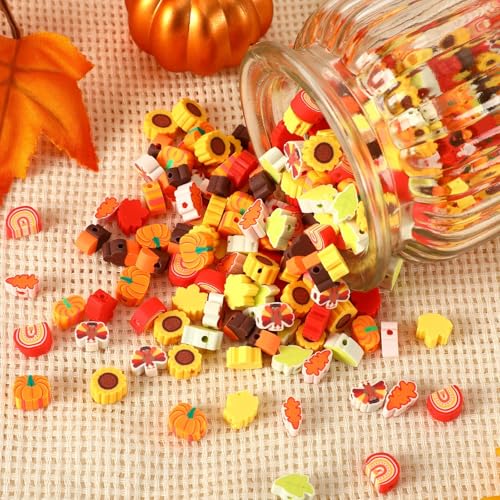 Fall Polymer Clay Beads for Thanksgiving Jewelry Bracelet Making | 8mm Autumn Polymer Clay, Ideal for Holiday Crafts, DIY Thanksgiving Festive Jewelry, 300Pcs Maple Leaf Pumpkin Turkey Shapes - color: Autumn Color
