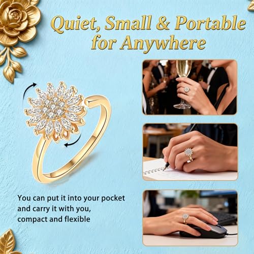 Sunflower Fidget Ring for Women Gold Anxiety Crystal Rings Cubic Zirconia Sunflower Open Adjustable Fidget Ring Spinner Sun Ring for Men Trendy Jewelry - color: Sunflower Gold