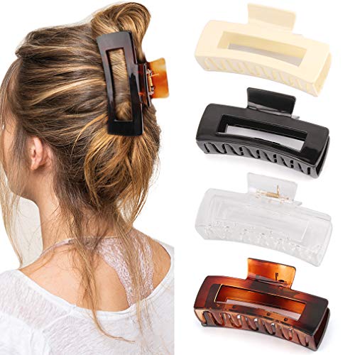 Canitor 4.1 Inche Large Hair Claw/Clips for Thick Hair, Acrylic, Banana Claw, Non-slip, Rectangular Jaw Big Gifts for Women, Girls - 4 PCS - color: black, amber, transparent, off white