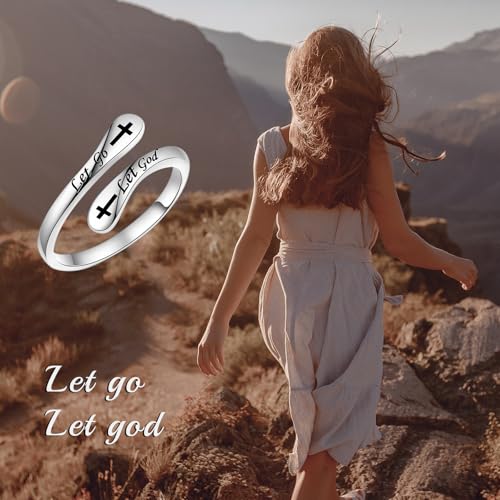Fookduoduo 925 Sterling Silver Ring Inspirational Jewelry adjustable Wrap Open Rings for Women - style: Let Go Let God