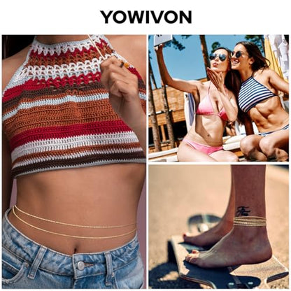Yowivon Waist Chain for Women, 14K Gold Plated Body Chain, Dainty Cuban Layered Belly Beads Chains, Waterproof Adjustable Sexy Bikini Beach Jewelry Accessories Daily Belts Gifts - style: 2Pcs-Twisted & Bead