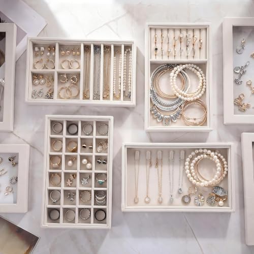 SiliFine Set of 4 Large Stackable Velvet Jewelry Trays with 4 Lids,Beige - color: Beige