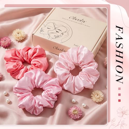 3 Pack Large Satin Hair Scrunchies, 6 Inch Pillow Sleepy Hair Ties | Blush Pink Hair Ties, Soft Padded Satin, Gentle On Thick Or Curly Hair, Sleep-Friendly, Reduced Frizz And Creasing - color: Pink Series
