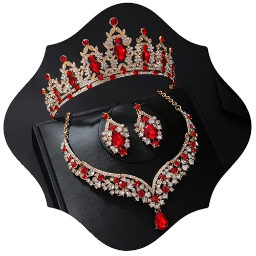 Tiaras and Crowns for Women,Tiaras Earrings Necklace, Crystal Bridal Jewelry Set - color: Gold Red