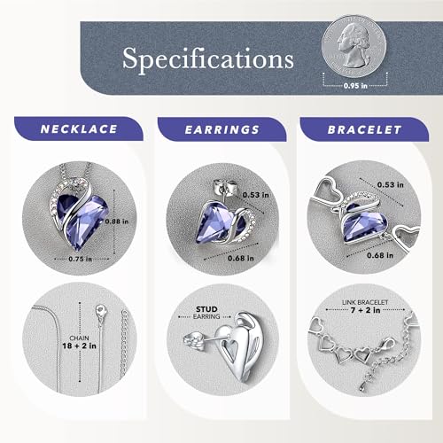 Leafael Necklace Gift Set for Women, Infinity Love Birthstone Heart Pendant with Matching Earrings and Bracelet, for Mom and Wife, Silver Plated - color: 02b-Set-February-Tanzanite Purple