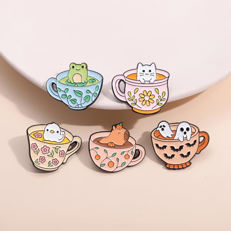 Cartoon Animal Enamel Brooch Set Cute Butterfly Duck Cat Lapel Pins for Backpacks Jacket Decoration Gifts for Friends - style: Animal Cup
