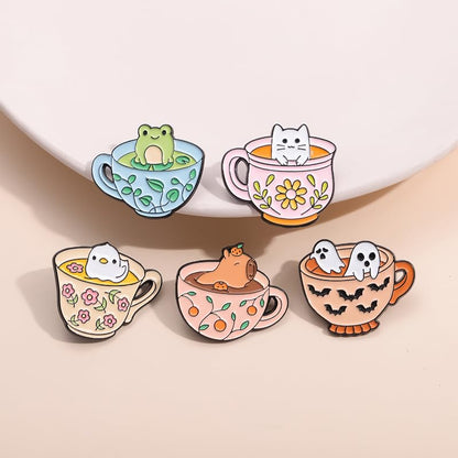 Cartoon Animal Enamel Brooch Set Cute Butterfly Duck Cat Lapel Pins for Backpacks Jacket Decoration Gifts for Friends - style: Animal Cup