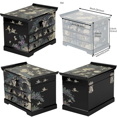 February Mountain Mother of Pearl Wooden Jewelry Organizer Box – Jewelry Storage Box for Women, Features Spacious Drawers, Ideal for Rings, Bracelets, Watches, Chains, Accessories (Crane_Black) - style: Crane_Black